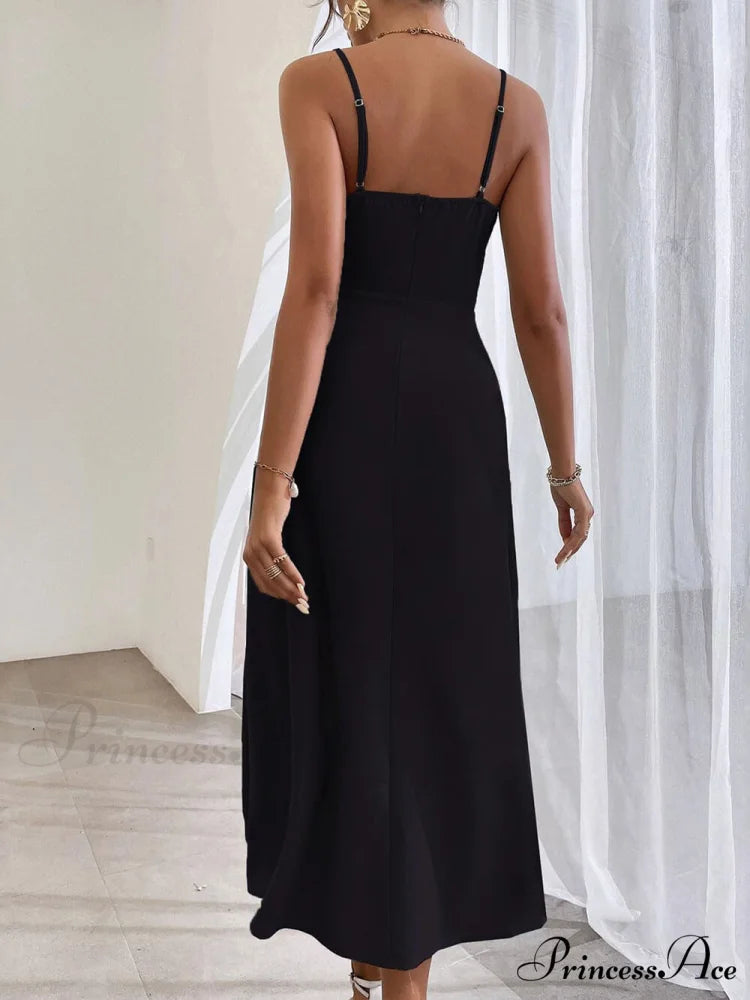 Elegant Spaghetti Strap Charming Pleated Leg Slit Dress