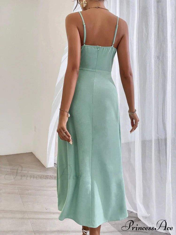 Elegant Spaghetti Strap Charming Pleated Leg Slit Dress
