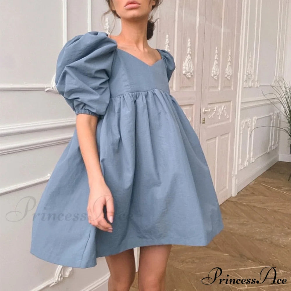 Elegant Square Collar Puff Short Sleeve Party Dress Blue / L