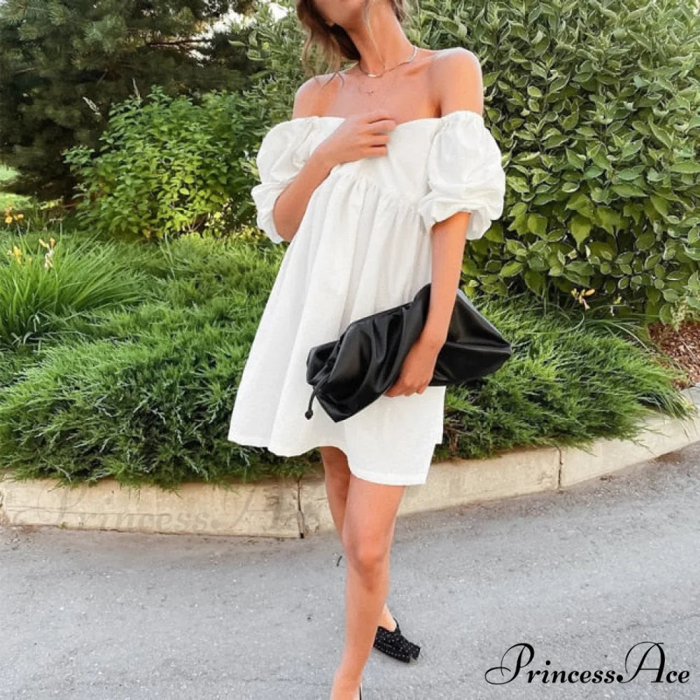 Elegant Square Collar Puff Short Sleeve Party Dress white / L