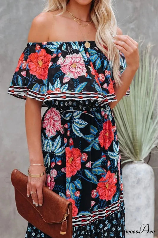 Elegant Tube Top Trendy Three-color Printed Maxi Dress Black / S