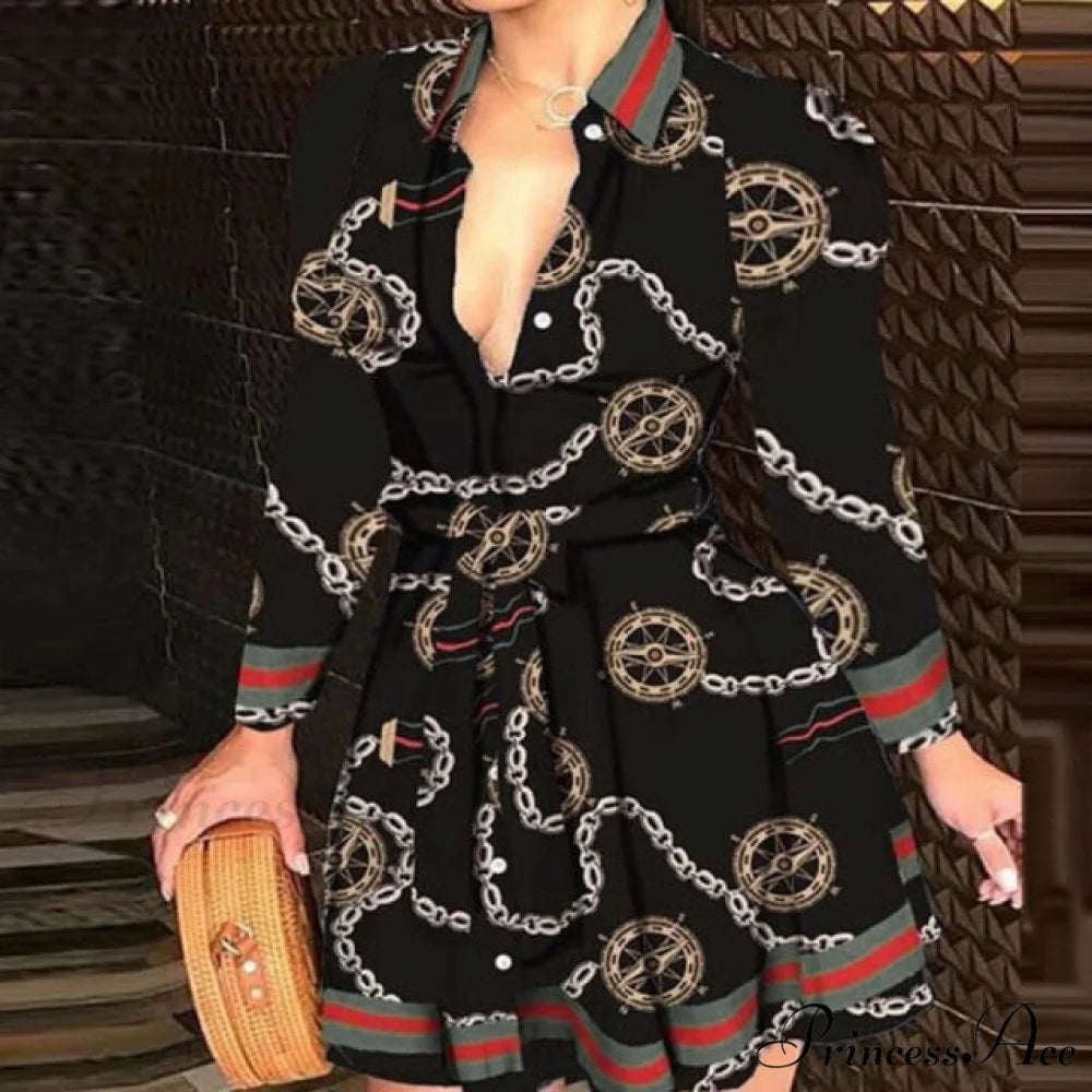 Elegant Turn-down Collar Long Sleeve Party Dresses Chain Black / S