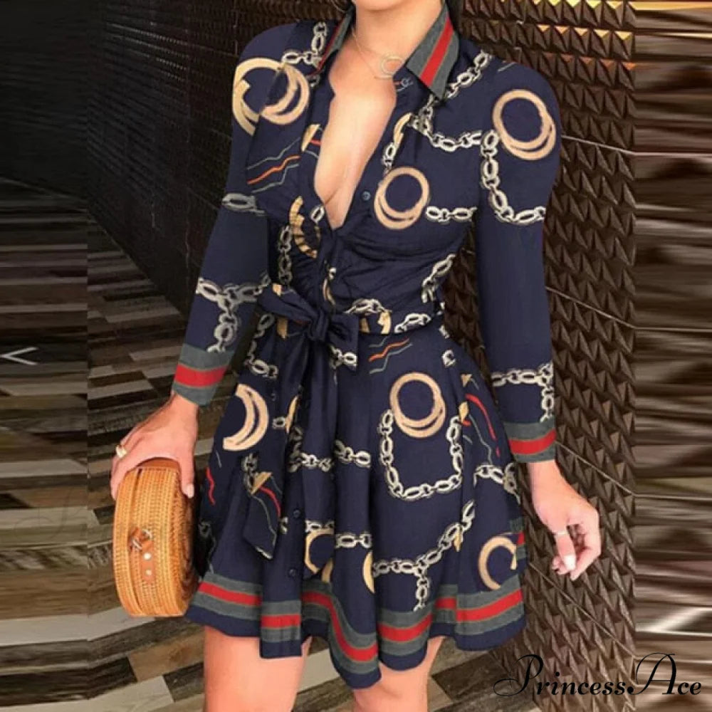 Elegant Turn-down Collar Long Sleeve Party Dresses Chain Dark Blue / S