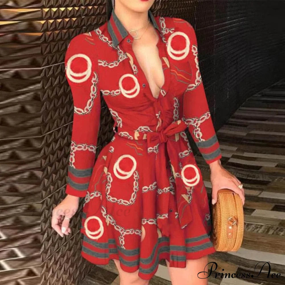 Elegant Turn-down Collar Long Sleeve Party Dresses Chain Red / S