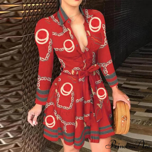 Elegant Turn-down Collar Long Sleeve Party Dresses Chain Red / S