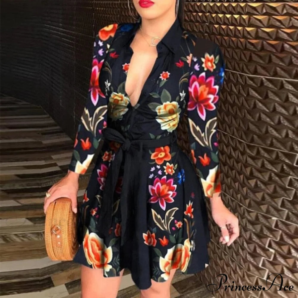 Elegant Turn-down Collar Long Sleeve Party Dresses Floral Black / S