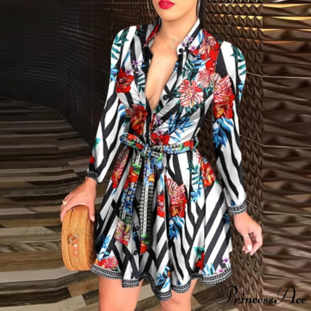 Elegant Turn-down Collar Long Sleeve Party Dresses Floral White / S