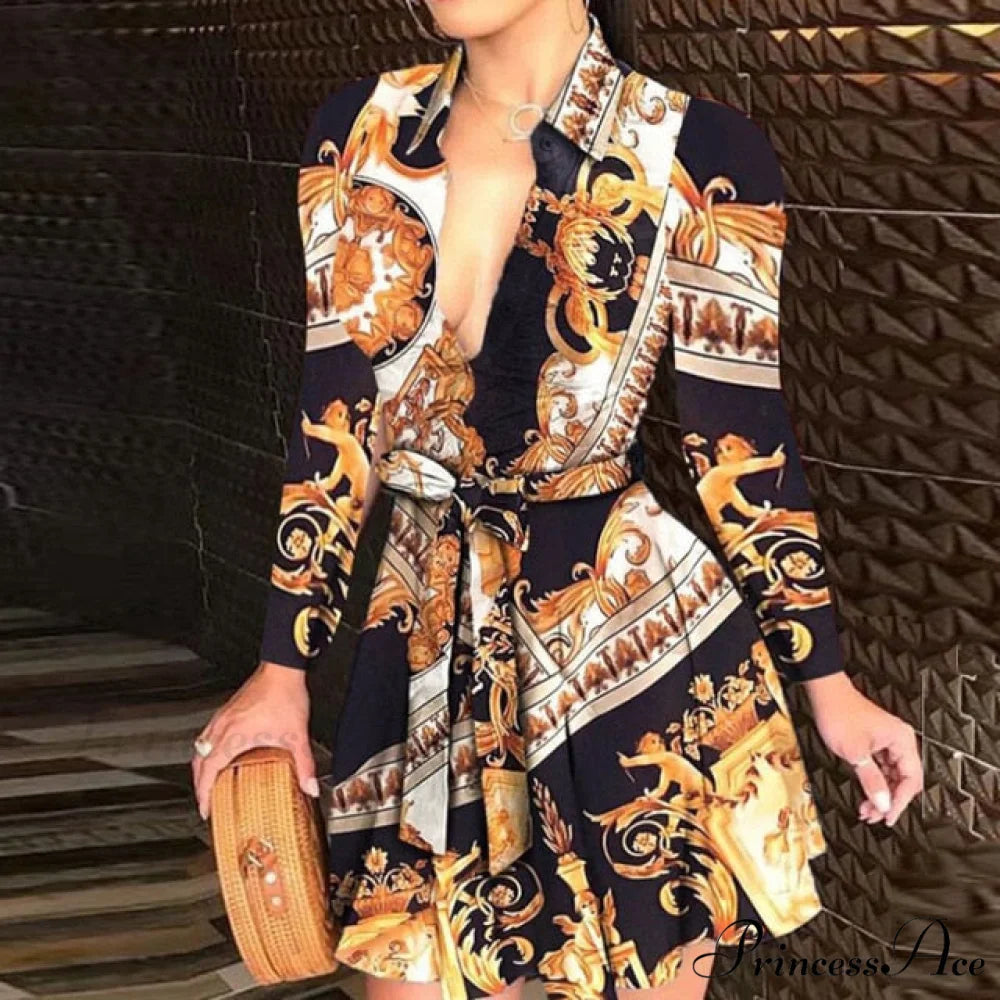 Elegant Turn-down Collar Long Sleeve Party Dresses Gold Black / S