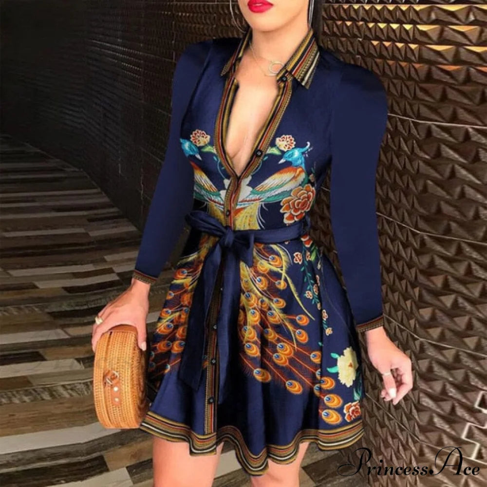 Elegant Turn-down Collar Long Sleeve Party Dresses Peahen Print / S