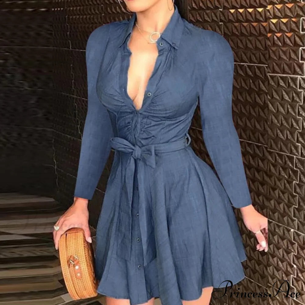Elegant Turn-down Collar Long Sleeve Party Dresses Solid Dark Blue / S