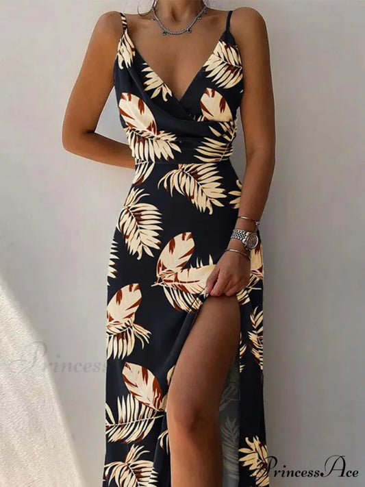 Elegant Unique Printed Spaghetti Graceful Strap Pleated Leg Slit Dress Black / S