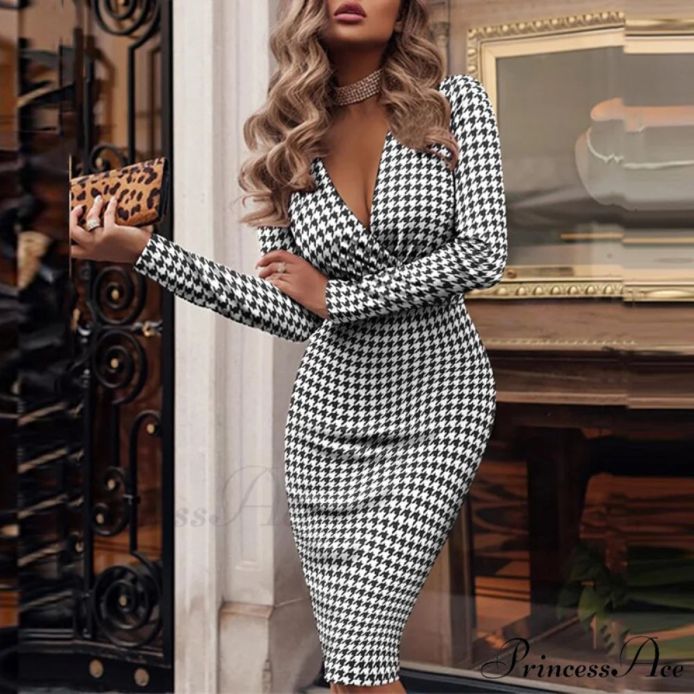 Elegant V Bodycon Sequin Club Party Deep Neck Patchwork with Long Slim Sleeves - Gown Dress Houndstooth / S