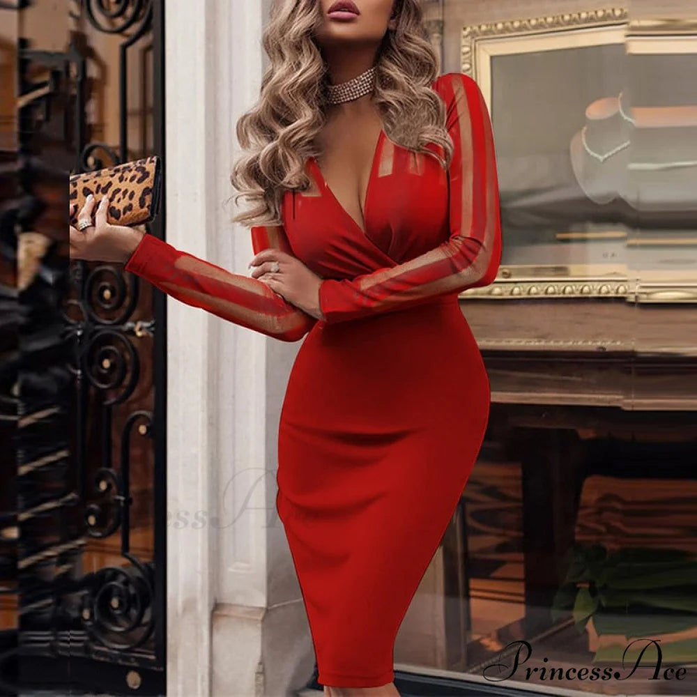 Elegant V Bodycon Sequin Club Party Deep Neck Patchwork with Long Slim Sleeves - Gown Dress Red-02 / S