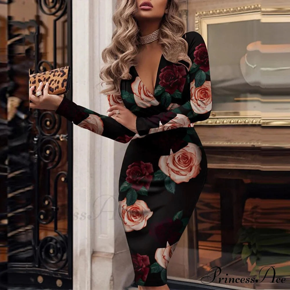 Elegant V Bodycon Sequin Club Party Deep Neck Patchwork with Long Slim Sleeves - Gown Dress Roses / S