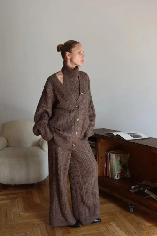 Elegant V-Neck Cable Knit Top Tank Pants Three Piece Set