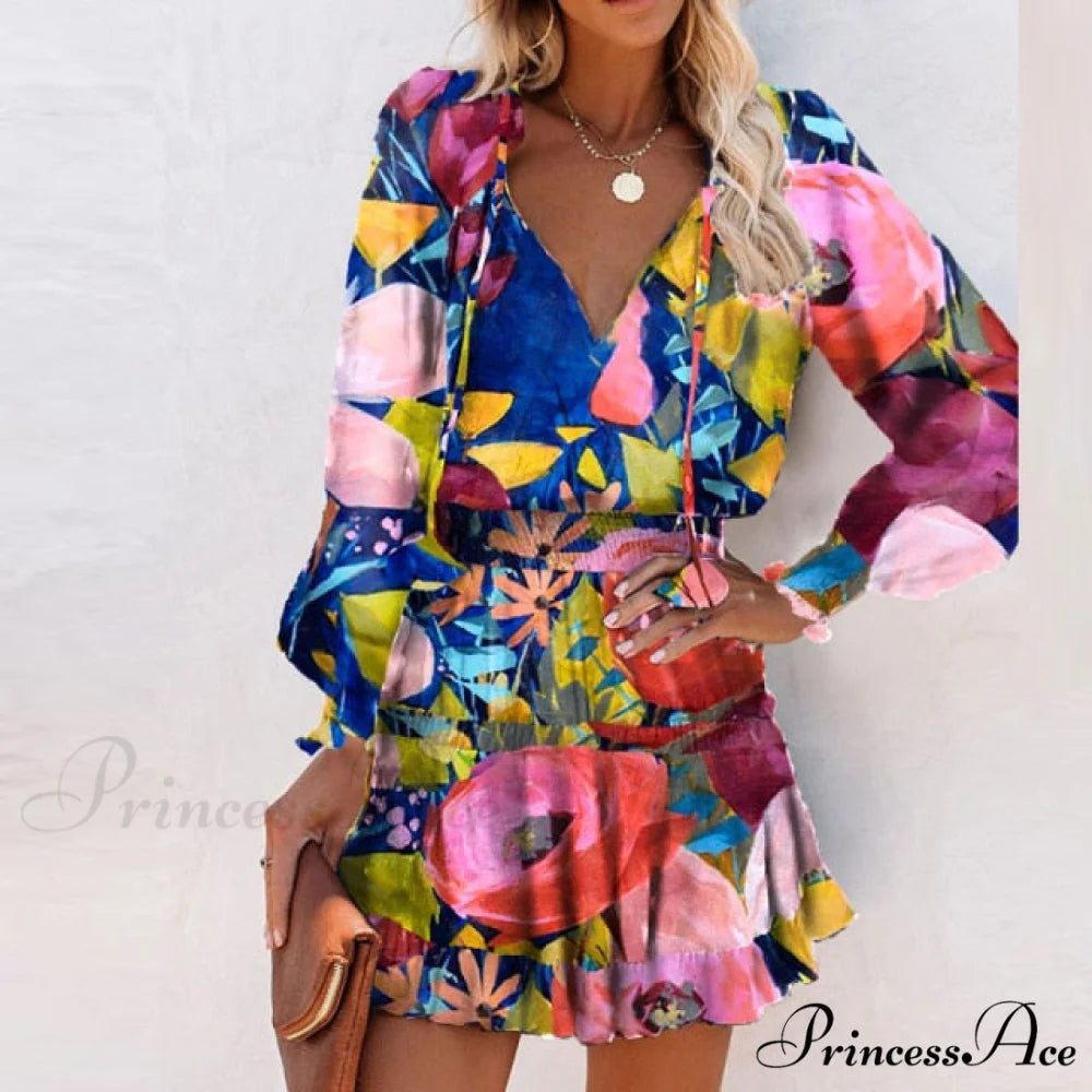 Elegant V-Neck Drawstring Ruffle Mini Dresses Blue / M