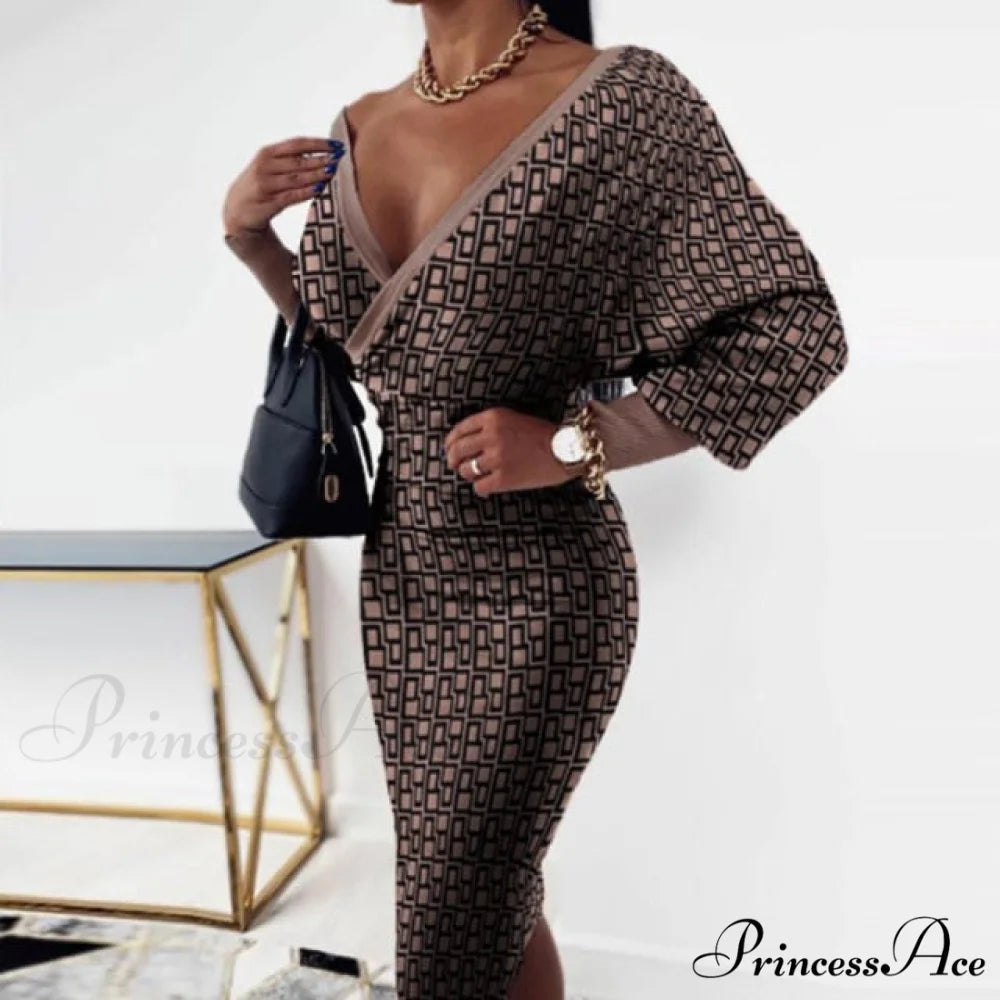 Elegant V Neck Lace Patchwork Ladies Dresses Brown 2 / S