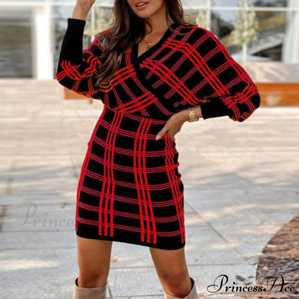 Elegant V Neck Lace Patchwork Ladies Dresses Red / S