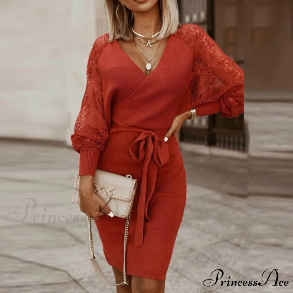 Elegant V Neck Lace Patchwork Ladies Dresses Lace Wine Red / S