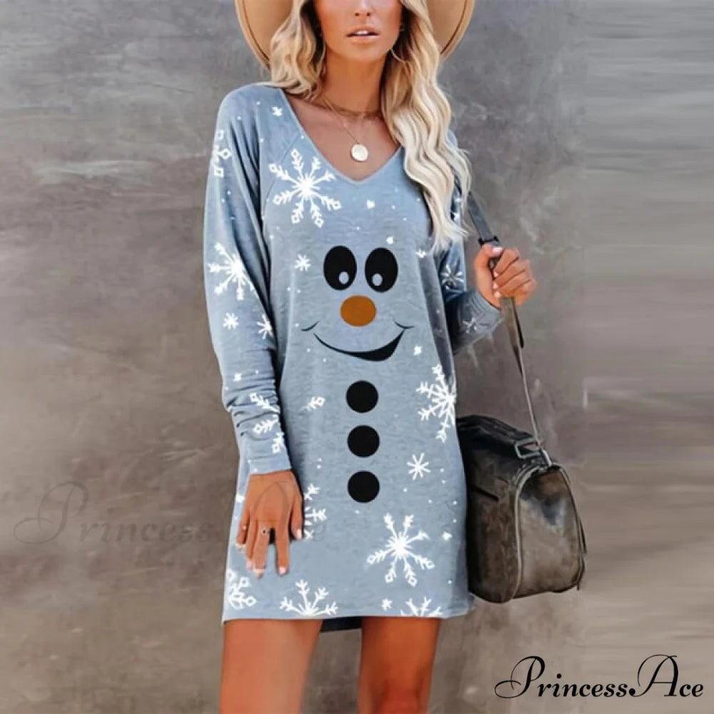 Elegant V Neck Long Sleeve Dress Blue / S