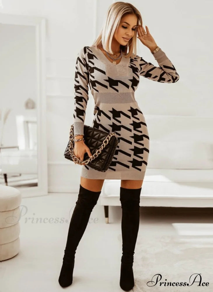 Elegant V Neck Print High Waist Long Sleeve Mini Dress for Women M / BLACK
