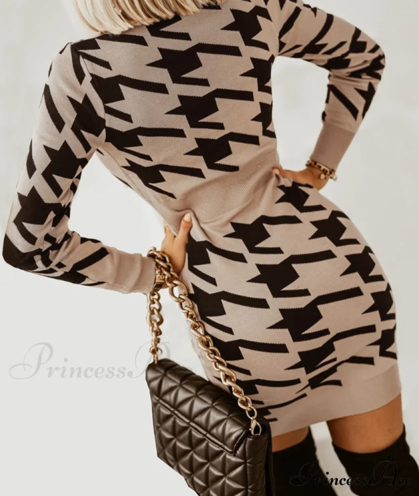 Elegant V Neck Print High Waist Long Sleeve Mini Dress for Women S / BLUE