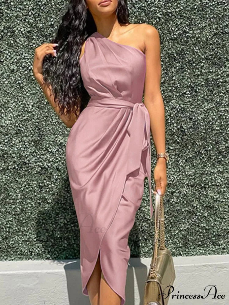 Elegant V Neck Strap Sleeveless Irregular Party Dress 04 Pink / S