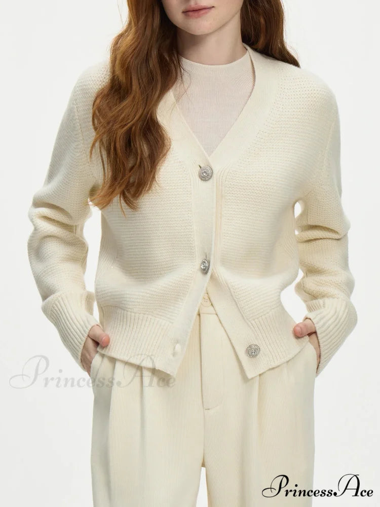 Elegant V-neck Wool Knitted Cardigan Beige / XS