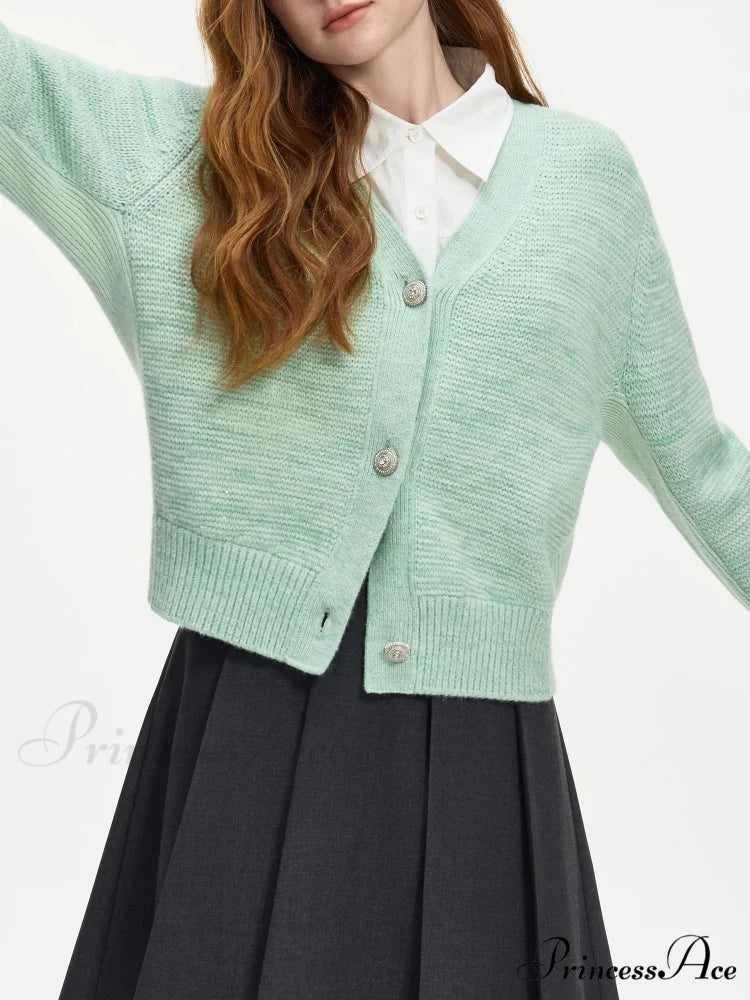 Elegant V-neck Wool Knitted Cardigan Green / XS