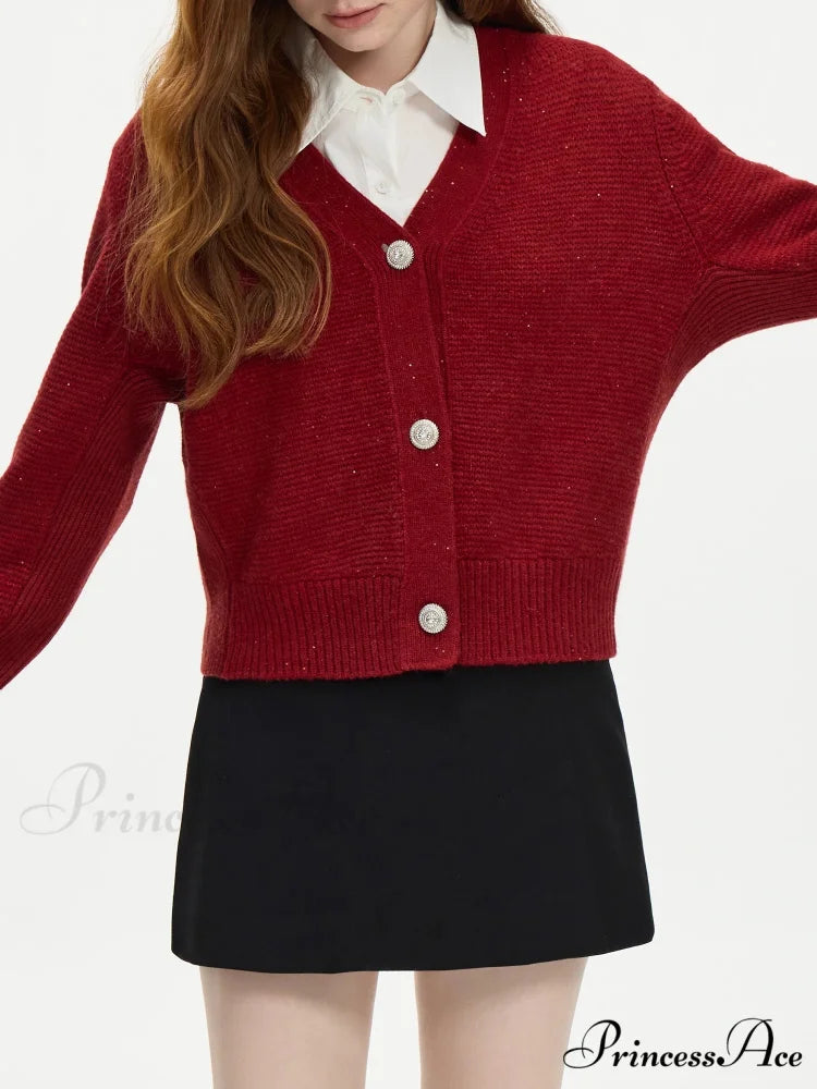 Elegant V-neck Wool Knitted Cardigan Red / XS