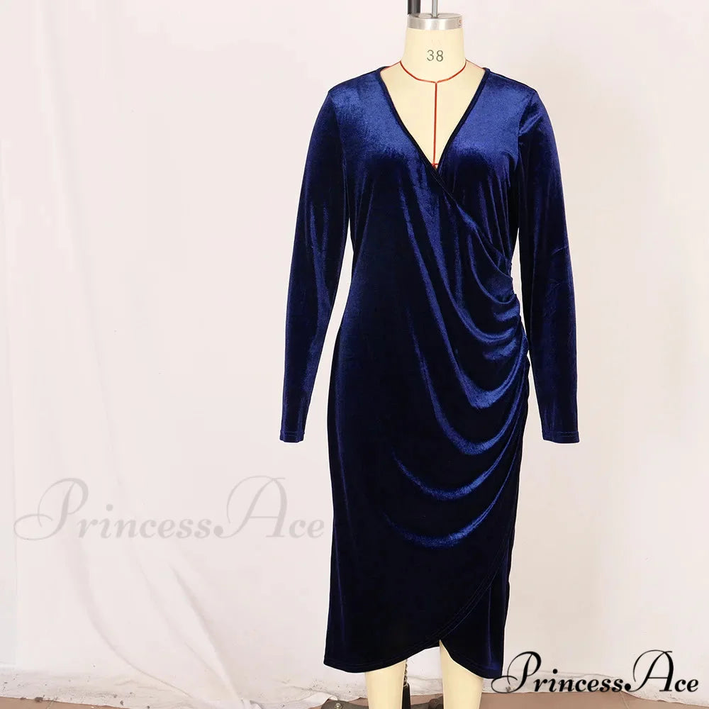 Elegant Velvet Bodycon Dress Women Sexy Wrapped V-neck Long Sleeve Christmas Party Dress