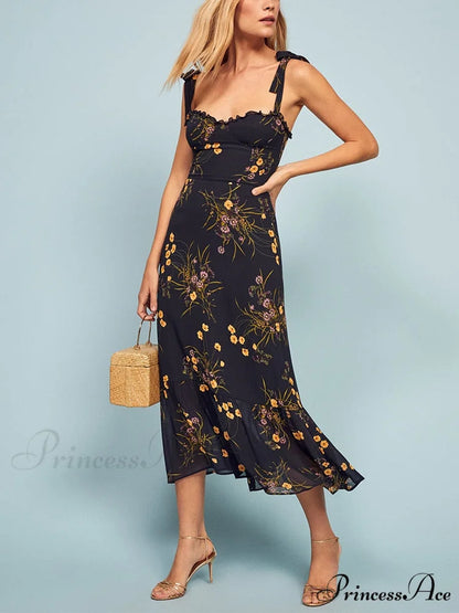 Elegant Vintage Floral Neck Sleeveless Strap Dress