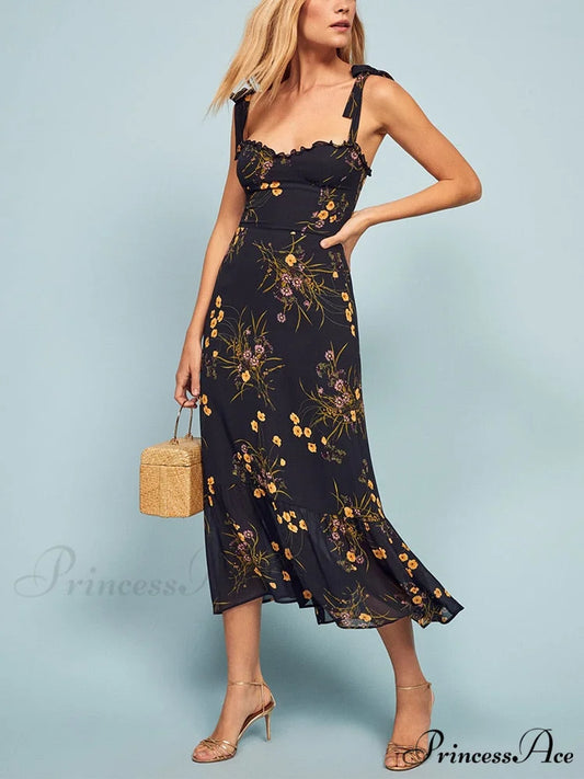 Elegant Vintage Floral Neck Sleeveless Strap Dress