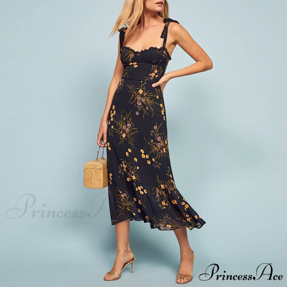 Elegant Vintage Floral Neck Sleeveless Strap Dress A-DC3439 / S