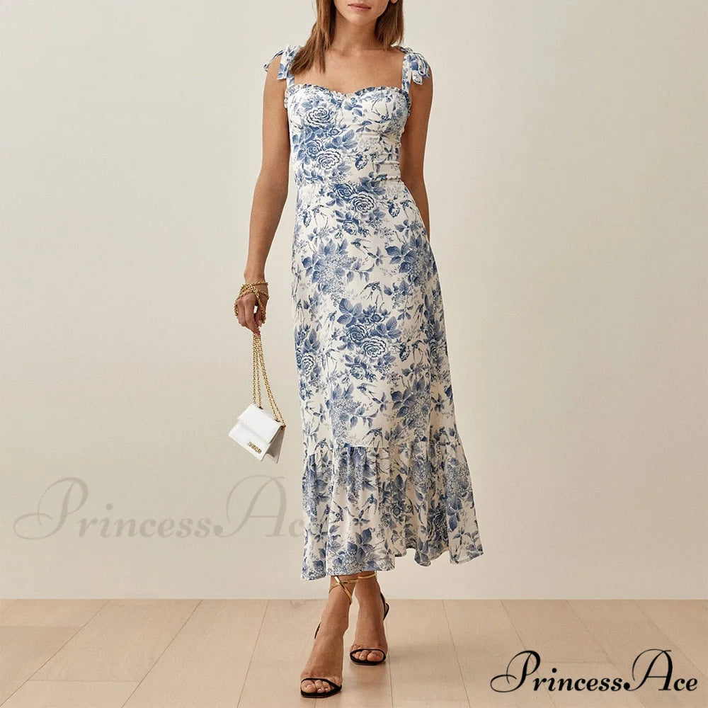 Elegant Vintage Floral Neck Sleeveless Strap Dress B-DC3434 / S