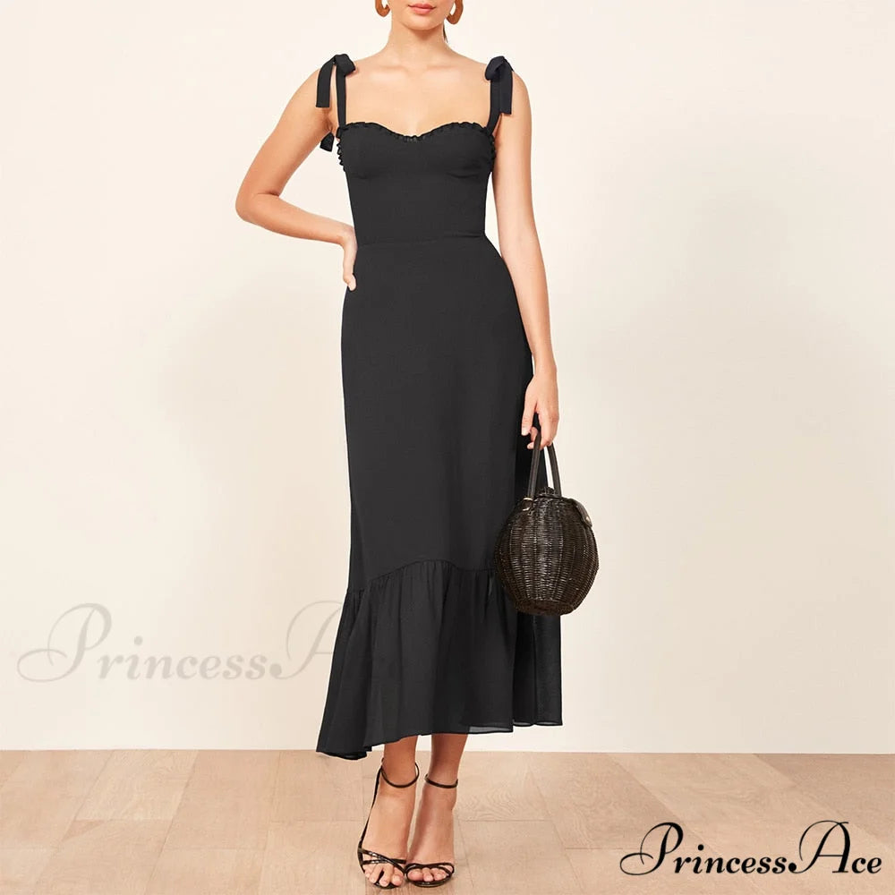 Elegant Vintage Floral Neck Sleeveless Strap Dress B-DC3435 Black / S