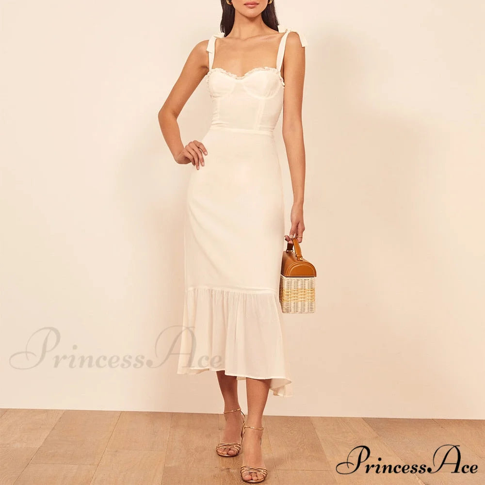 Elegant Vintage Floral Neck Sleeveless Strap Dress B-DC3435 Ivory / S