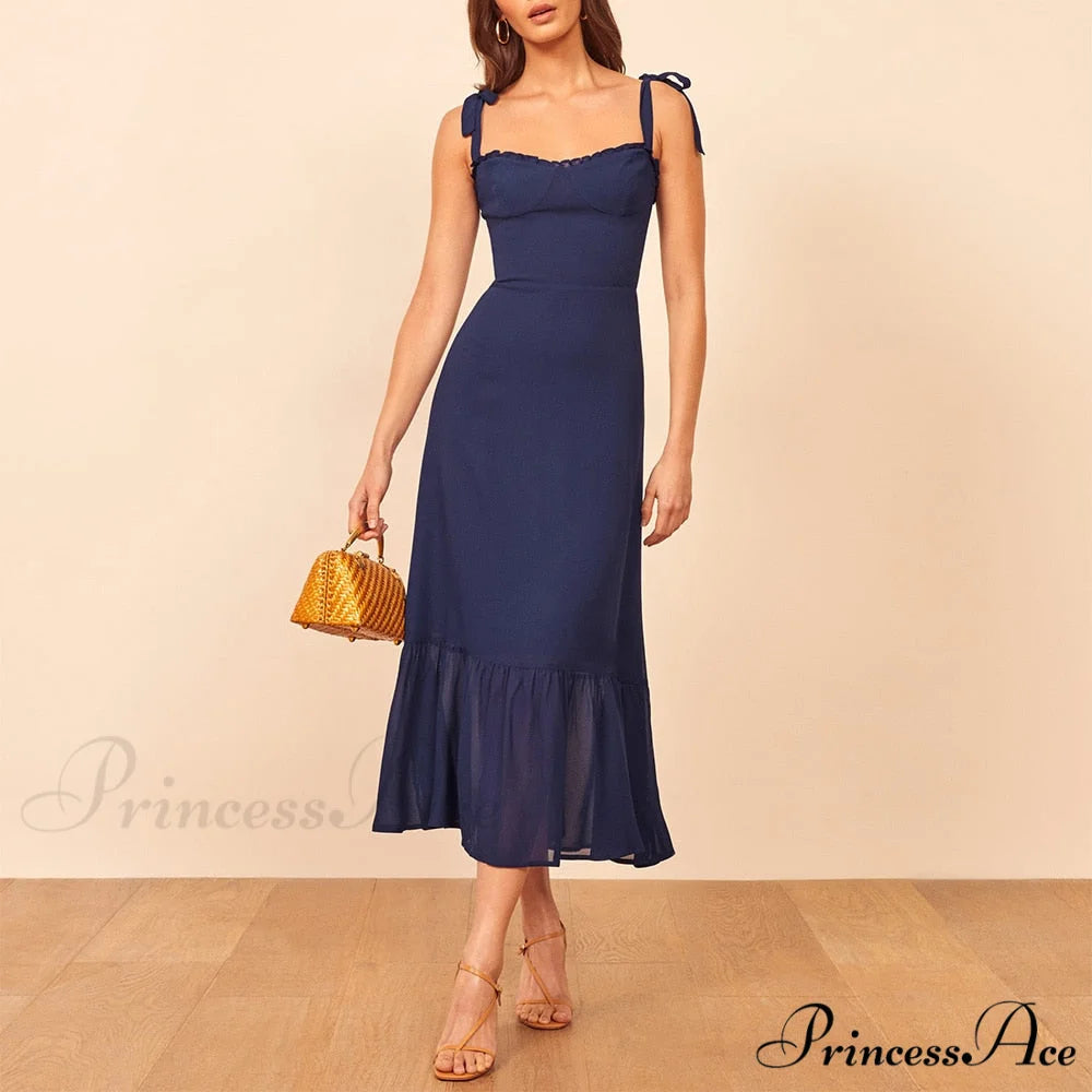 Elegant Vintage Floral Neck Sleeveless Strap Dress B-DC3435 Navy / S