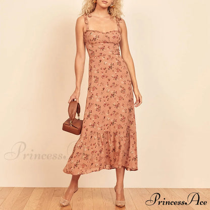 Elegant Vintage Floral Neck Sleeveless Strap Dress B-DC3436 / S
