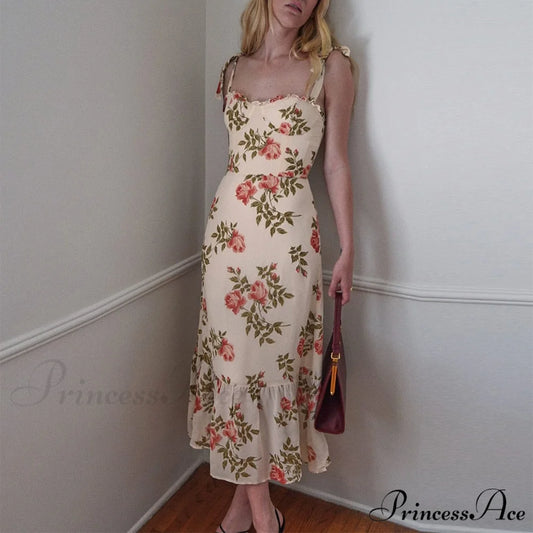 Elegant Vintage Floral Neck Sleeveless Strap Dress B-DC3437 / S