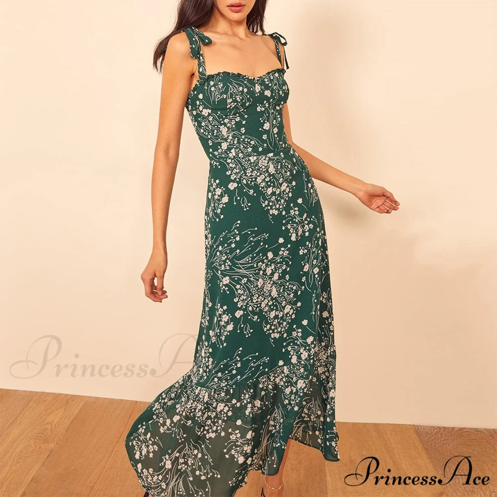 Elegant Vintage Floral Neck Sleeveless Strap Dress B-DC3533 Green / S