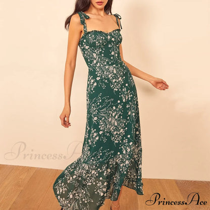 Elegant Vintage Floral Neck Sleeveless Strap Dress B-DC3533 Green / S