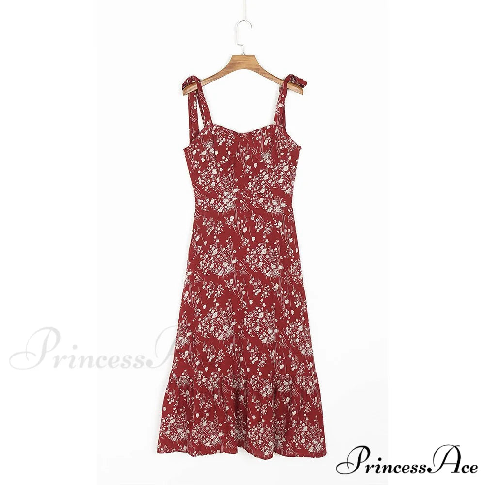 Elegant Vintage Floral Neck Sleeveless Strap Dress B-DC3533 Red / S