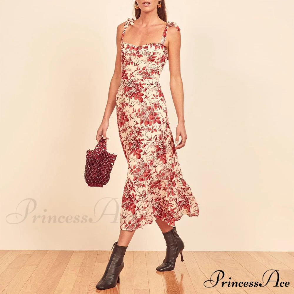 Elegant Vintage Floral Neck Sleeveless Strap Dress B-DC3534 / S