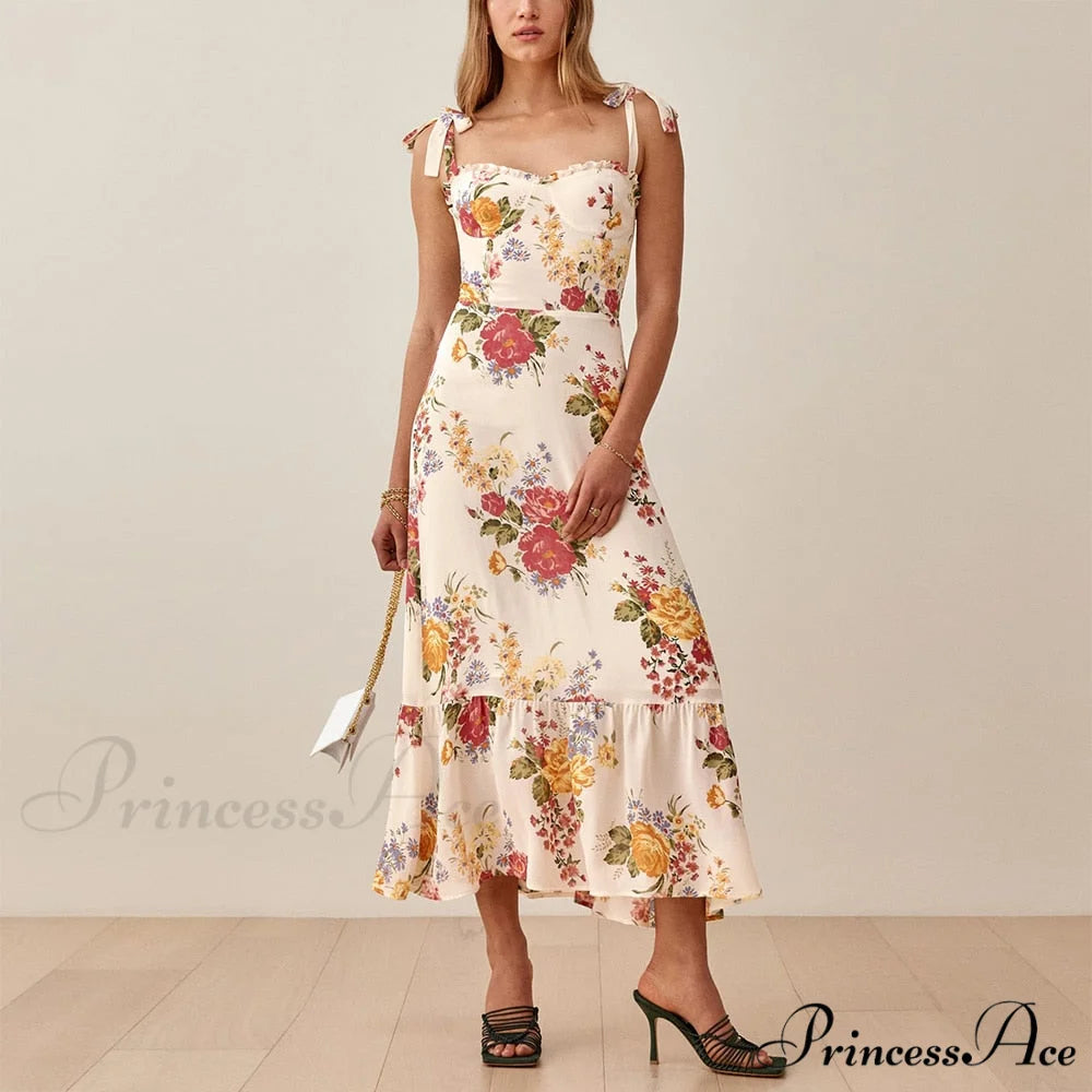 Elegant Vintage Floral Neck Sleeveless Strap Dress B-DC3536 / S