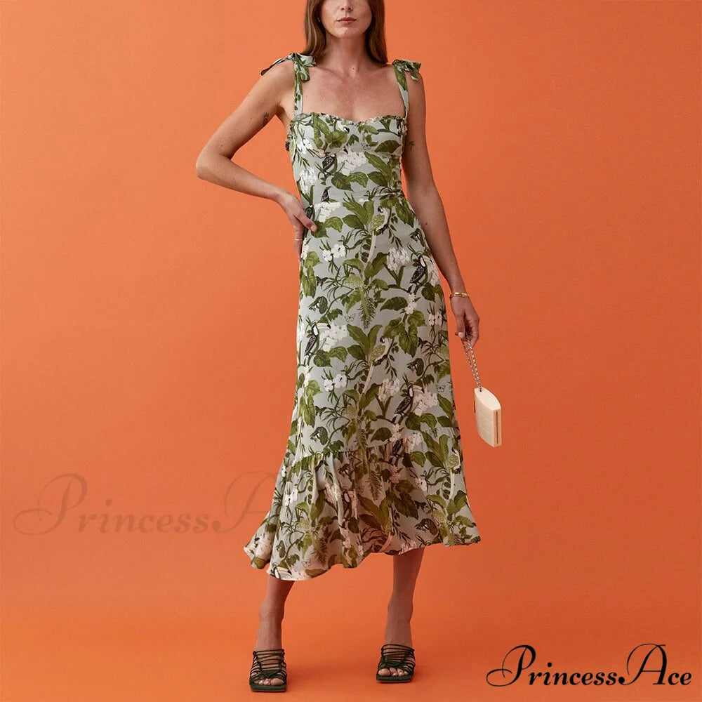 Elegant Vintage Floral Neck Sleeveless Strap Dress B-DC3745 / S