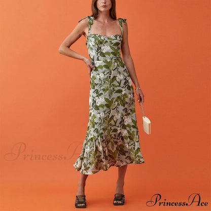 Elegant Vintage Floral Neck Sleeveless Strap Dress B-DC3745 / S