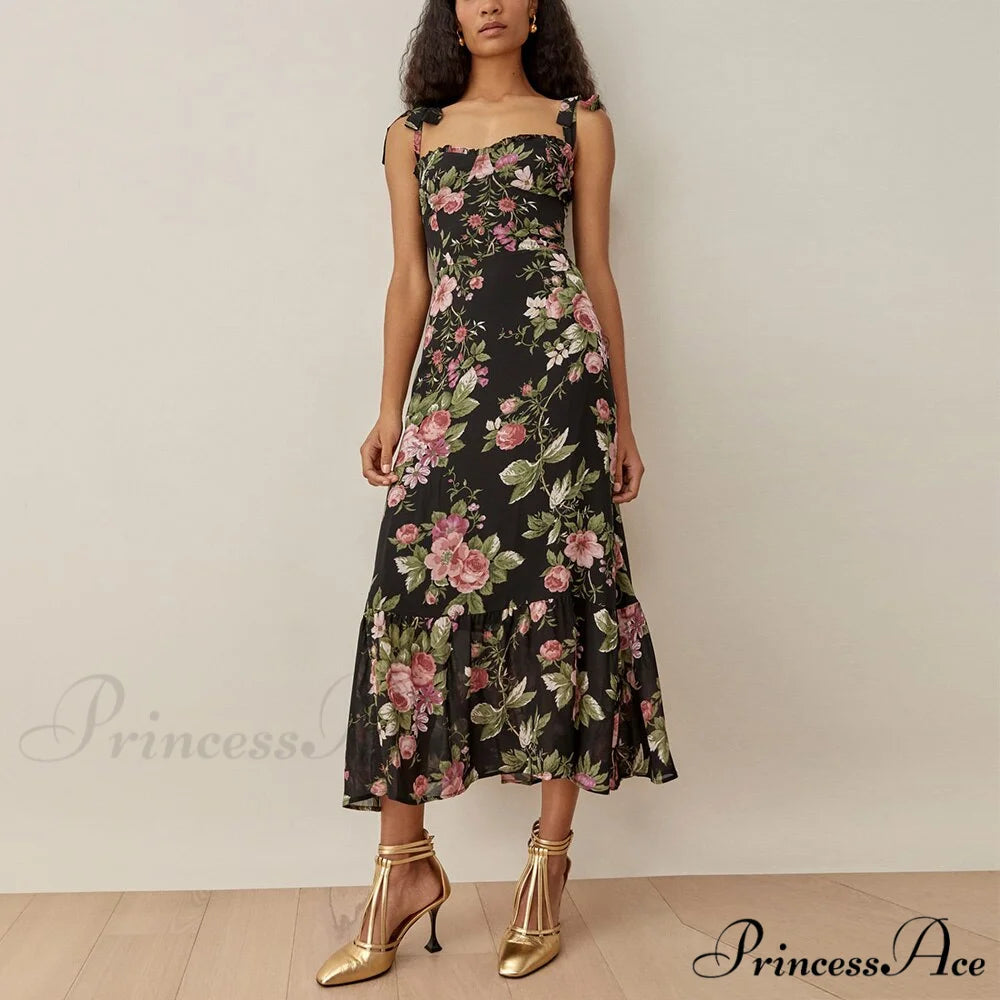 Elegant Vintage Floral Neck Sleeveless Strap Dress B-DC6541 / S
