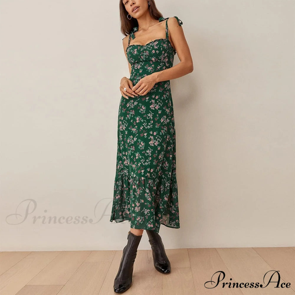 Elegant Vintage Floral Neck Sleeveless Strap Dress B-DC6542 / S