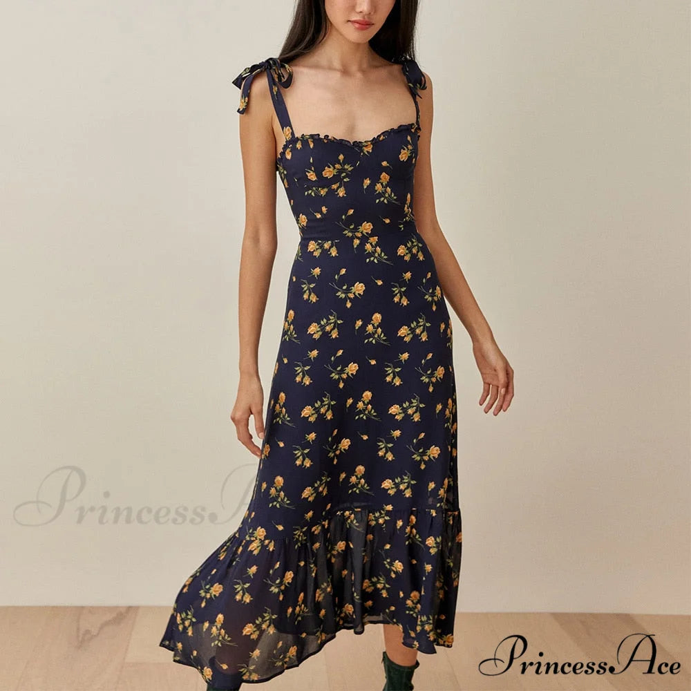 Elegant Vintage Floral Neck Sleeveless Strap Dress C-DC3537 / S